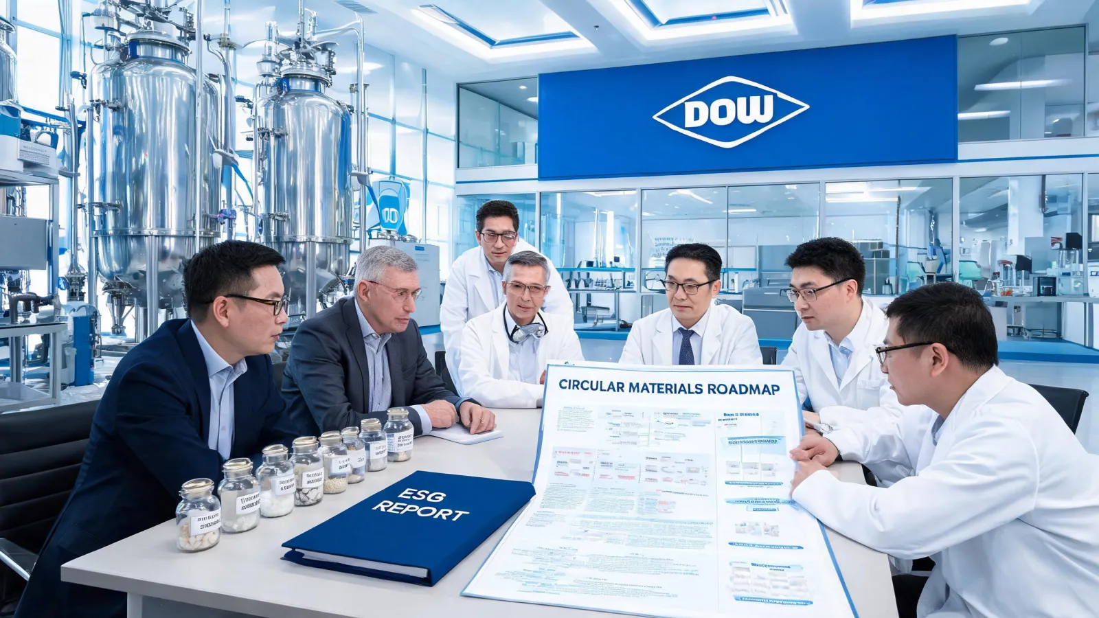 Dow leadership team in a polymer innovation facility